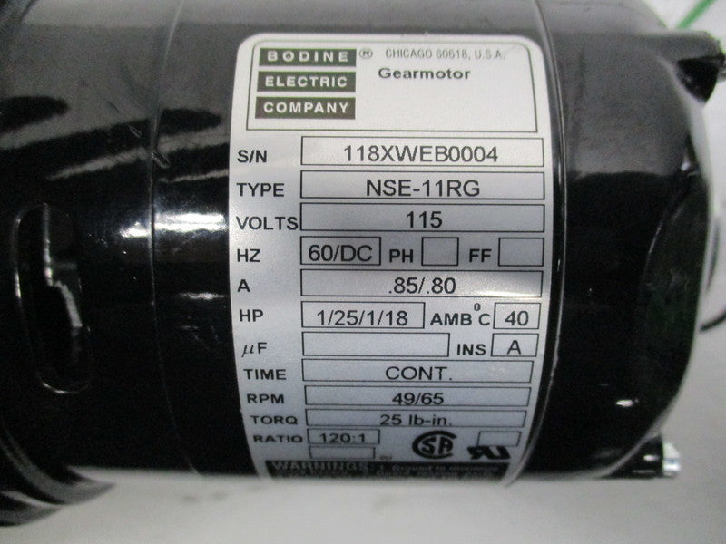 BODINE ELECTRIC NSE-11RG  GEARMOTOR 115V 1/25/1/18 HP 49/65 RPM   UNMP