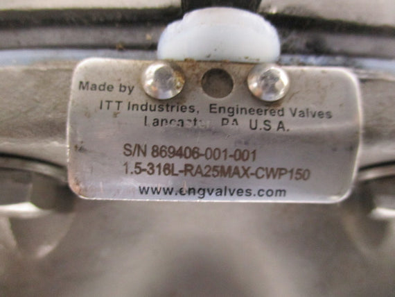 ITT 1.5-316L-RA25MAX-CWP150 PURE FLOW SANITARY VALVE * USED *