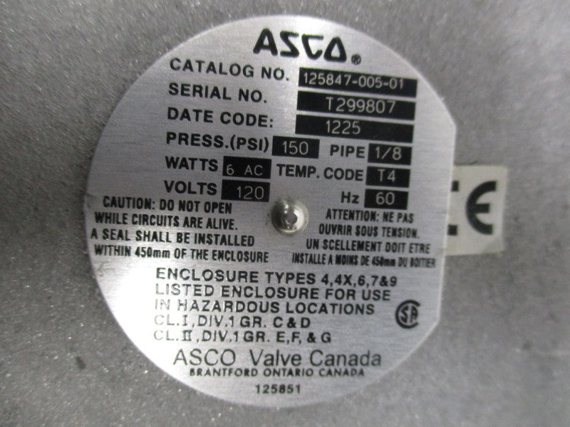 ASCO 125847-005-01 SOLENOID VALVE (AS PICTURED)  NSNP