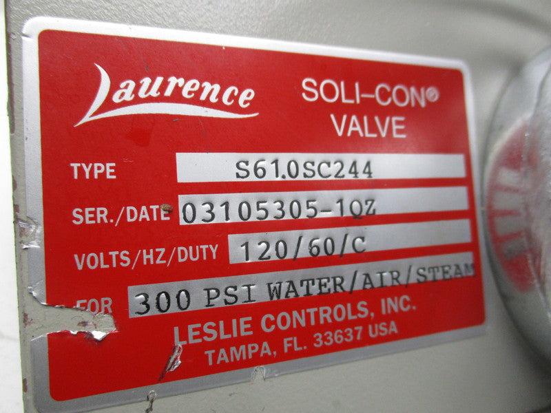 LAURENCE S61.0SC244 SOLI-CON VALVE 300 PSI WATER/AIR/STEAM  UNMP