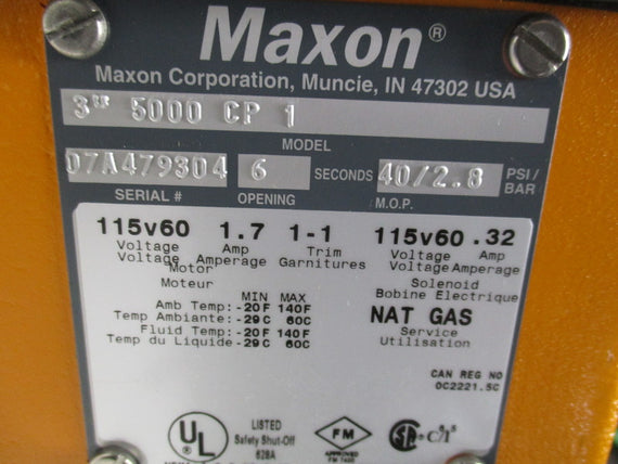 MAXON 3" 5000 CP 1 NATURAL GAS SAFETY SHUT OFF VALVE 3" 115V * NEW NO BOX *