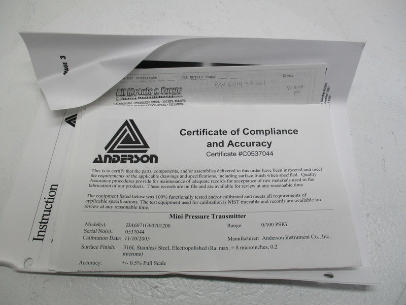ANDERSON HA6071G00201200 PRESSURE TRANSMITTER  NSNP