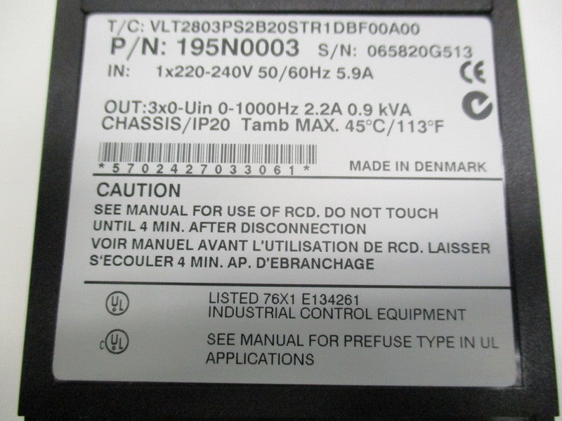 DANFOSS VLT2803PS2B20STR1DBF00A00 5.9AMP 220/240VAC  NSNP