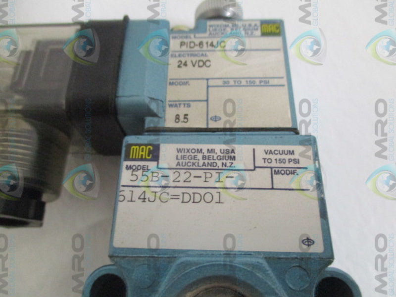 MAC 55B-22-PI-614JC=DD01 SOLENOID VALVE 24VDC 30-150 PSI NSNP