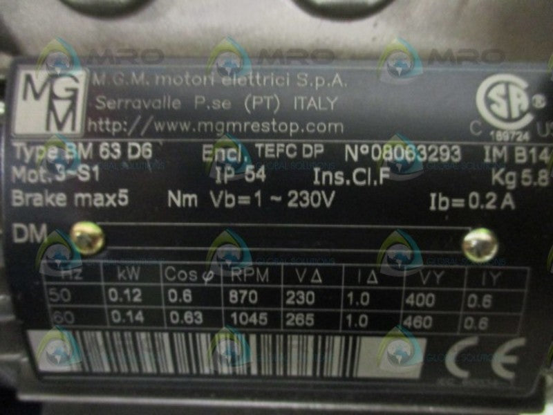MGM BM63D6 ELECTRIC MOTOR (AS PICTURED-DENT) NSMP