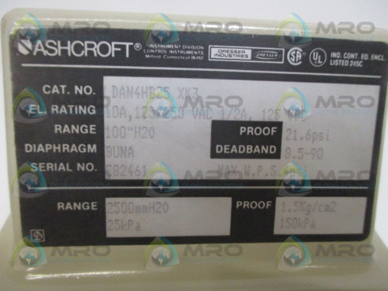 ASHCROFT LDAN4HB25 XK3 PRESSURE SWITCH 100" H2O  NSNP