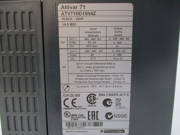 SCHNEIDER ELECTRIC ATV71HD18N4Z 380-480V 45.5A NSNP