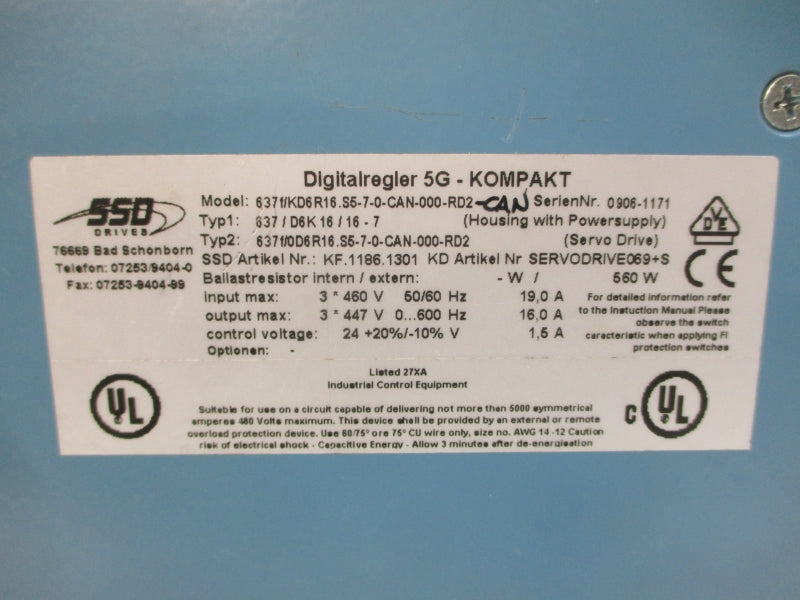 SSD DRIVES 637F/KD6R16.S5-7-0-CAN-000-RD2-CAN 460V 19.0A NSNP