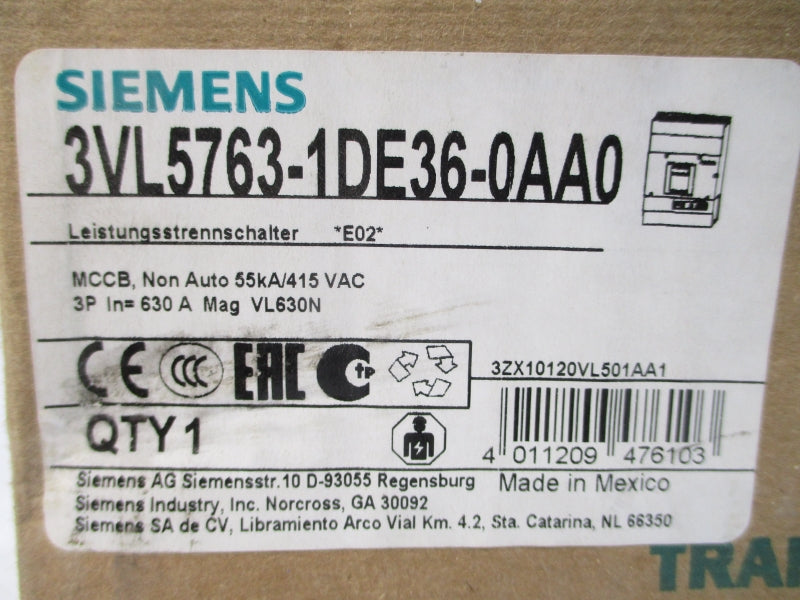 SIEMENS 3VL5763-1DE36-0AA0 VL630N 415VAC 630A (AS PICTURED) NSMP