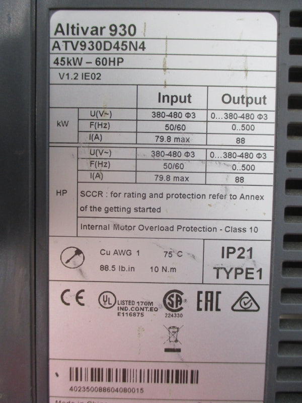 SCHNEIDER ELECTRIC ATV930D45N4 380-480V 79.8A UNMP