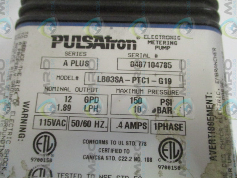 PULSATRON LB03SA-PTC1-G19 ELECTRONIC METERING PUMP UNMP