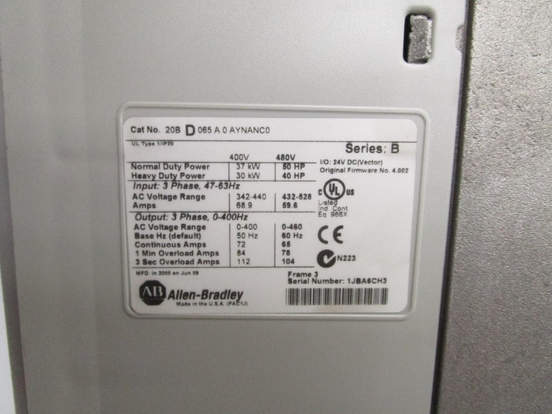 ALLEN BRADLEY 20BD065A0AYNANC0 SER. B F/W 4.002 480VAC 65A NSMP