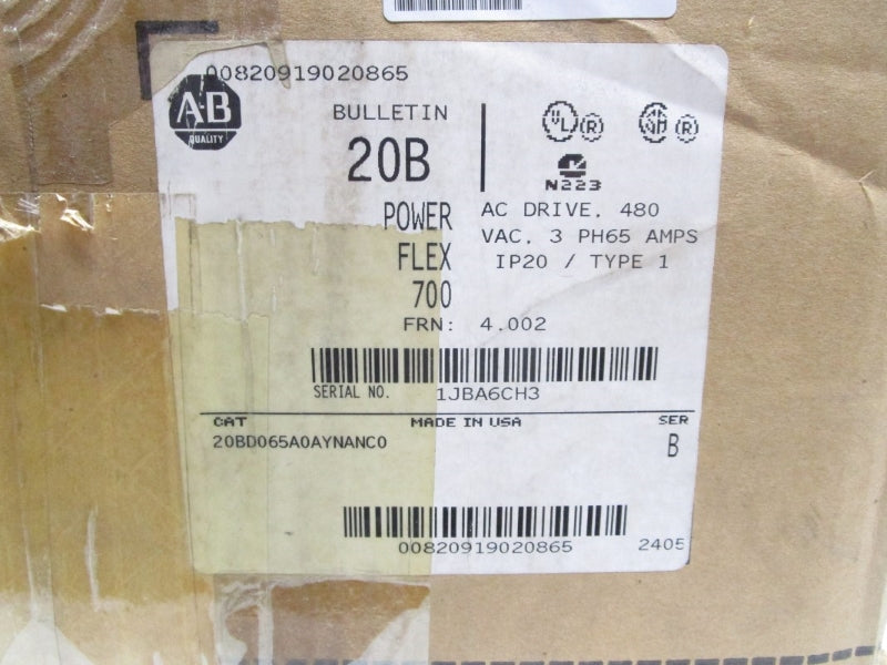 ALLEN BRADLEY 20BD065A0AYNANC0 SER. B F/W 4.002 480VAC 65A NSMP