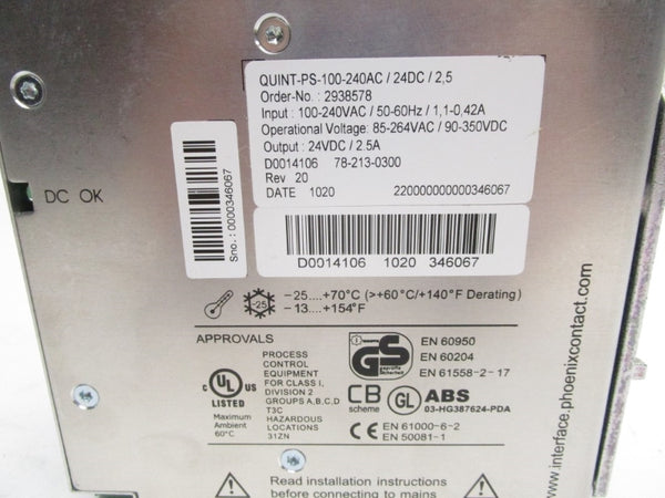 PHOENIX CONTACT 2938578 QUINT-PS-100-240AC/24DC/2.5 100-240VAC 42A NSMP
