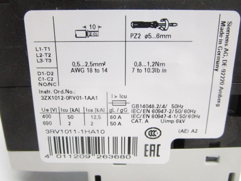 SIEMENS 3RV1011-1HA10 690V 5.5-8A NSMP