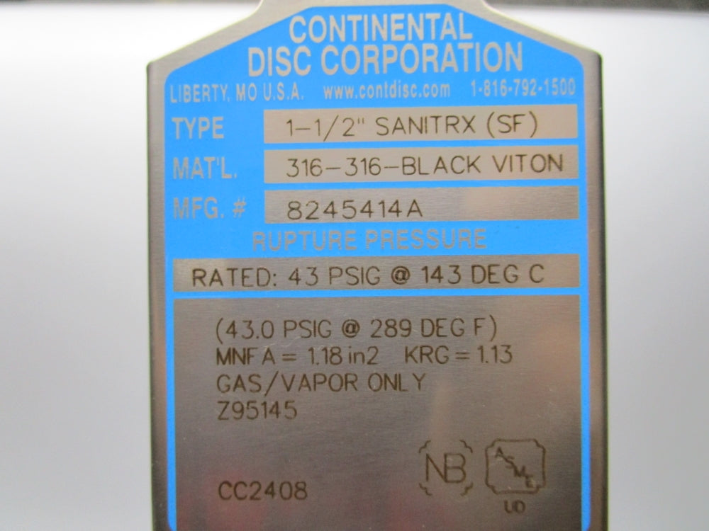 CONTINENTAL DISC CORP 1-1/2" SANITRX 8245414A 43PSIG NSMP