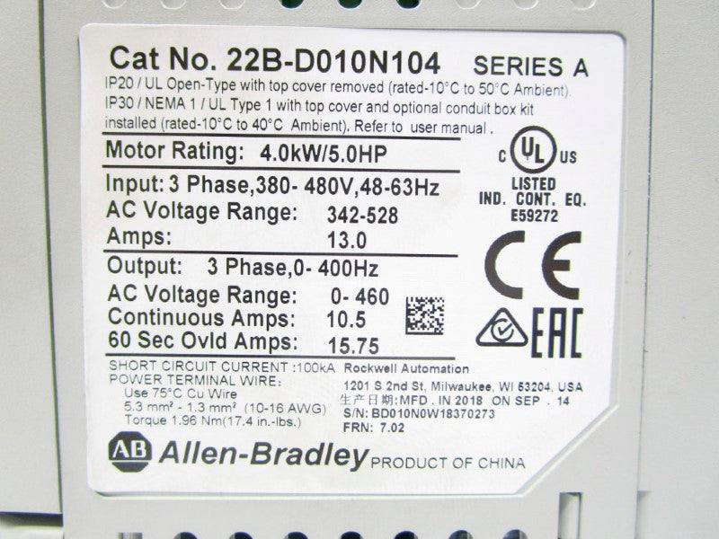 ALLEN BRADLEY 22B-D010N104 SER. A F/W 7.02 342-528VAC 13.0A UNMP