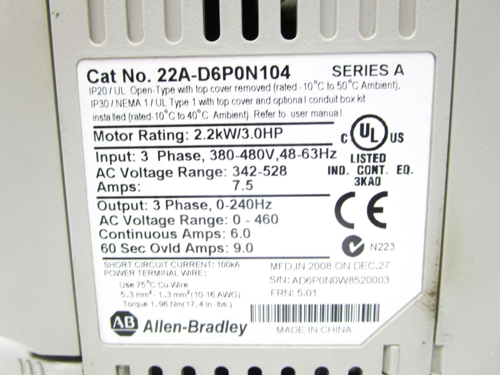 ALLEN BRADLEY 22A-D6P0N104 SER. A F/W 5.01 342-528VAC 7.5A UNMP