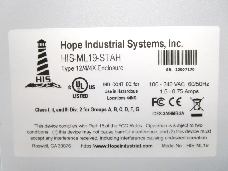 HOPE INDUSTRIAL SYSTEMS  HIS-ML19-STAH 240VAC .75A NSMP