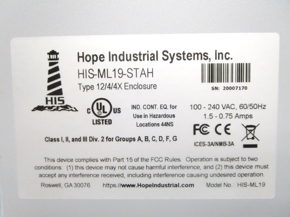 HOPE INDUSTRIAL SYSTEMS  HIS-ML19-STAH 240VAC .75A NSMP