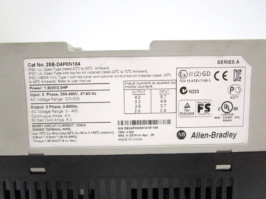 ALLEN BRADLEY 25B-D4P0N104 SER. A 323-528V 4A F/W 2.002 NSMP
