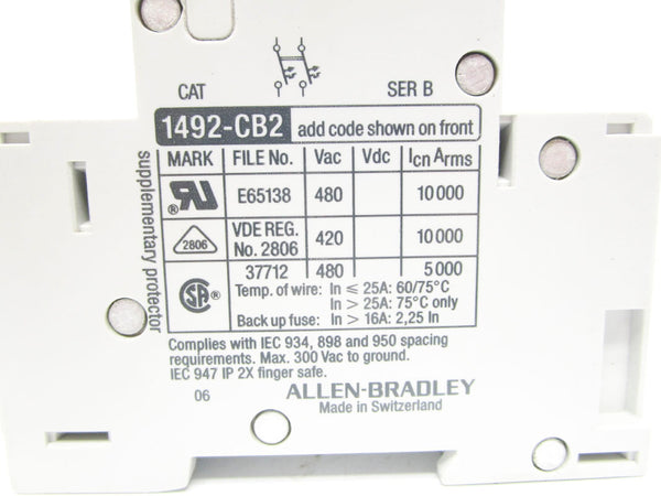 ALLEN BRADLEY 1492-CB2G010 SER. B 480VAC 1A (BK/BL) NSMP