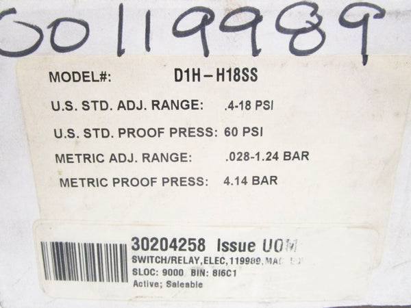 BARKSDALE D1H-H18SS 480VAC 3A .4-18PSI NSMP