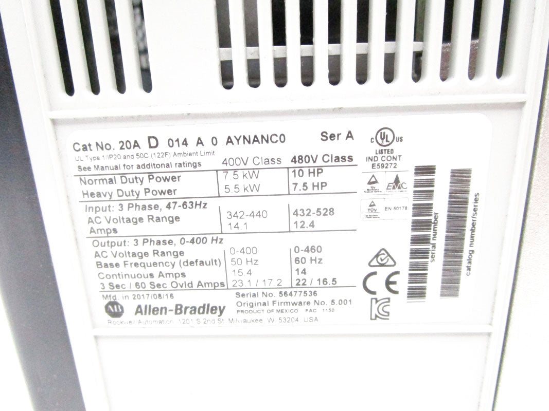 ALLEN BRADLEY 20AD014A0AYNANCO SER. A 432-528VAC 12.4A NSNP