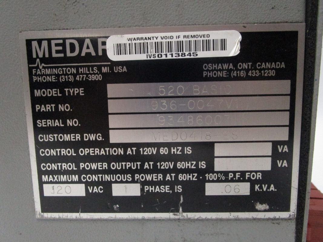MEDAR 936-0047V1 520BASIC 120VAC 0.6A UNMP