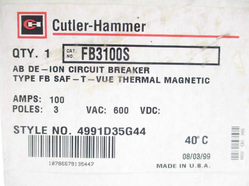 CUTLER HAMMER FB3100S 600VAC 100A NSMP