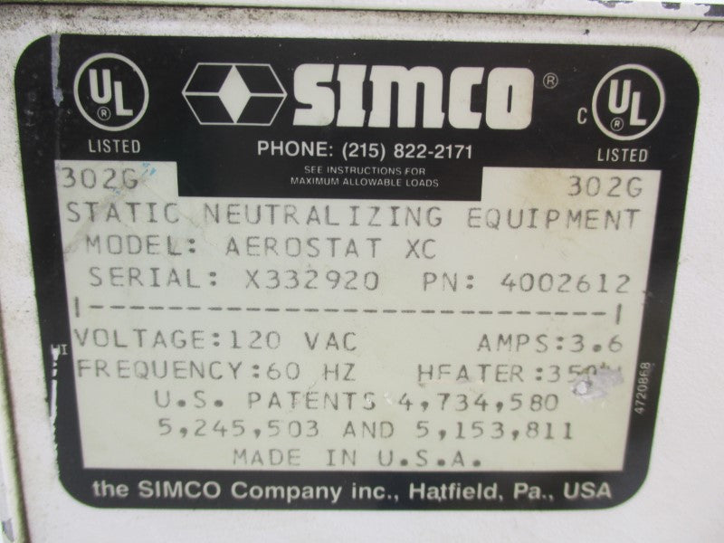 SIMCO 4002612 AEROSTAT-XC 120VAC 3.6A UNMP