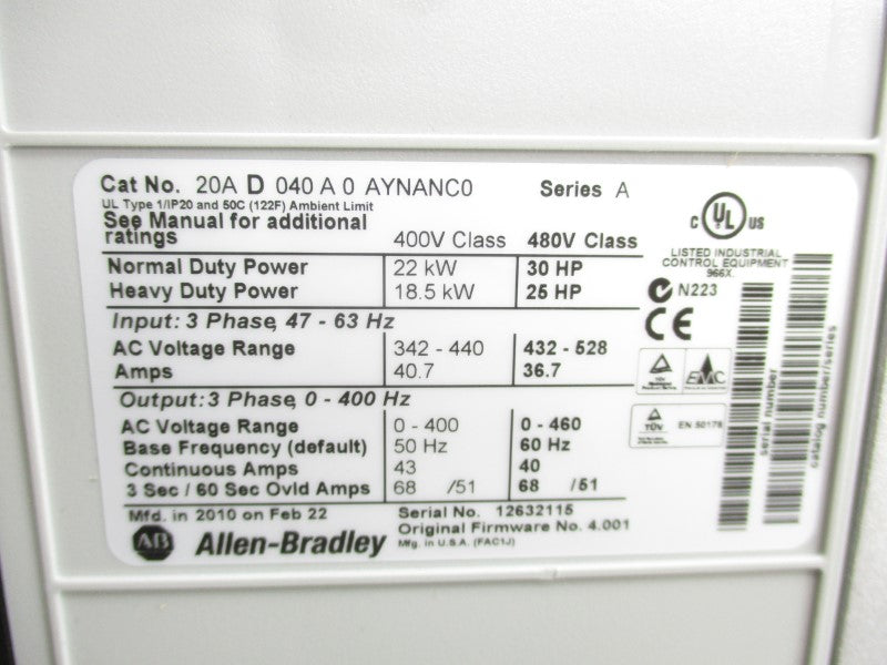 ALLEN BRADLEY 20AD040A0AYNANC0 SER. A F/W 4.001 432-528VAC 36.7A NSMP