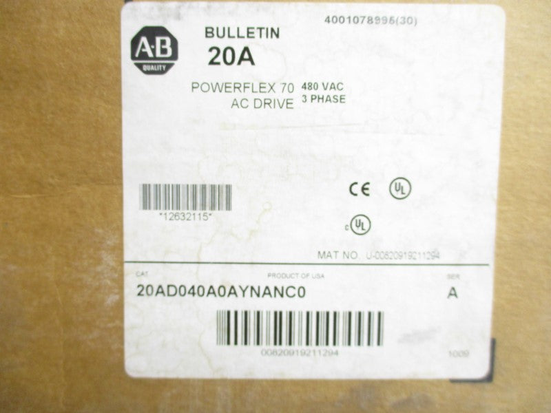 ALLEN BRADLEY 20AD040A0AYNANC0 SER. A F/W 4.001 432-528VAC 36.7A NSMP