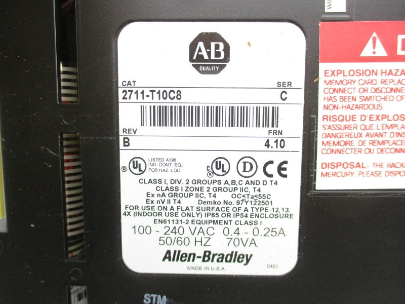 ALLEN BRADLEY 2711-T10C8 SER. C F/W 4.10 100-240VAC 0.4-0.25A NSNP