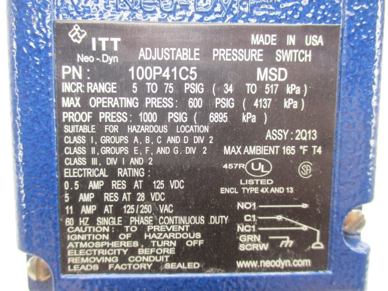 ITT 100P41C5 125VDC 0.5A 5-75PSI NSMP