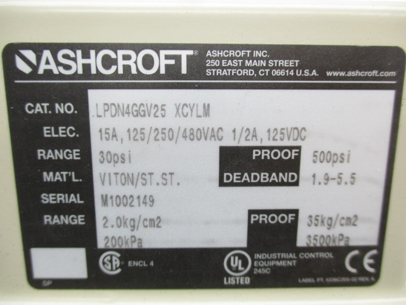 ASHCROFT LPDN4GGV25XCYLM 480VAC 15A 30PSI NSNP