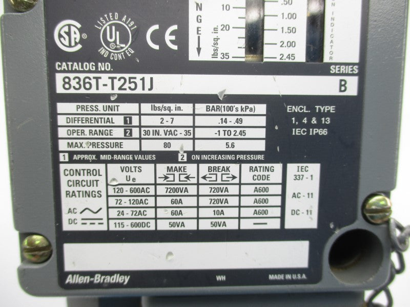 ALLEN BRADLEY 836T-T251J SER. B 120-600VAC 60A 80PSI UNMP