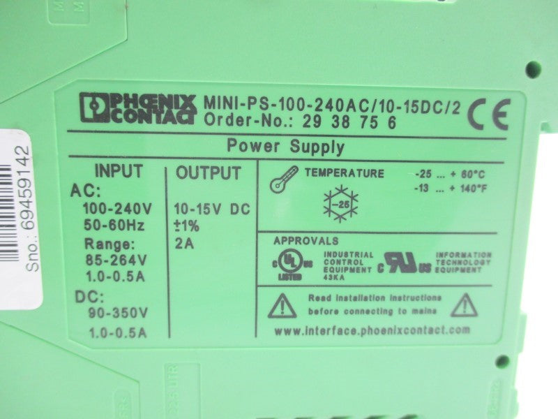 PHOENIX CONTACT MINI-PS-100-240AC/10-15DC/2 2938756 100-240VAC 1.0-0.5A NSNP