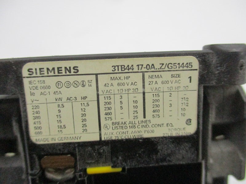 SIEMENS 3TB4417-0A-Z/G51445 110/120V 42A UNMP