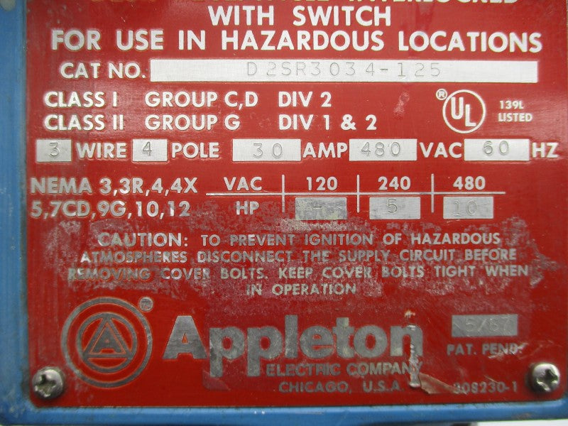 APPLETON D2SR3034-125 480VAC 30A UNMP