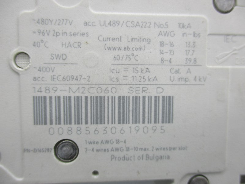 ALLEN BRADLEY 1489-M2C060 SER. D 277V 6A NSMP