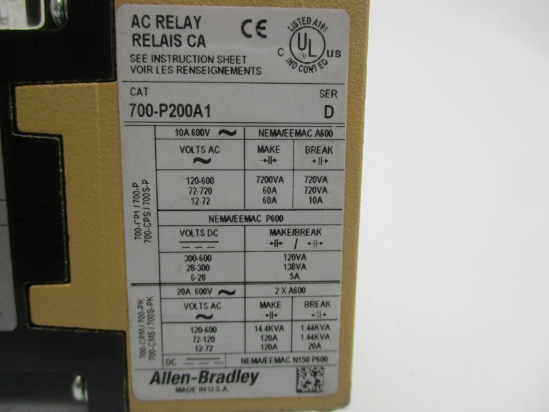 ALLEN BRADLEY 700-PT200A1 SER. D 110/115-120V NSNP