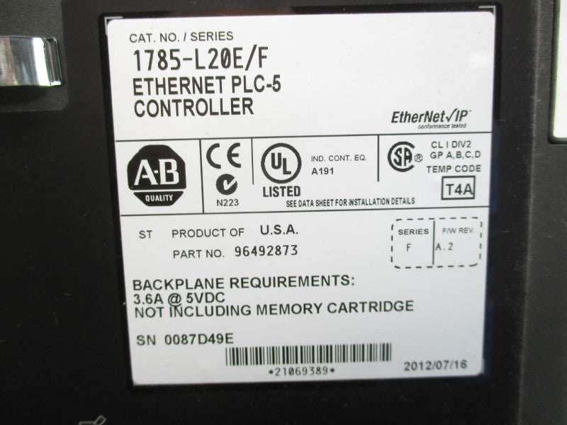 ALLEN BRADLEY 1785-L20E SER. F F/W A.2 5VDC 3.6A (NO KEY) NSMP