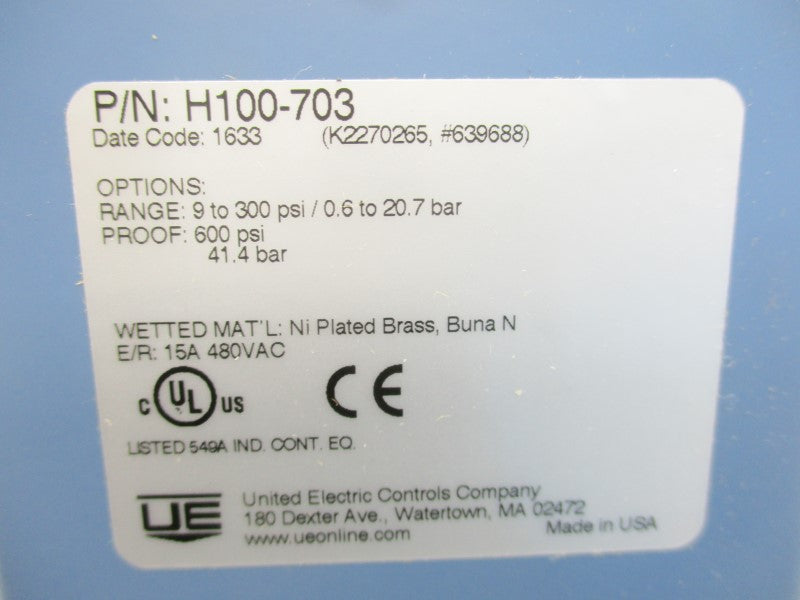 UNITED ELECTRIC H100-703 480VAC 15A 9-300PSI NSMP