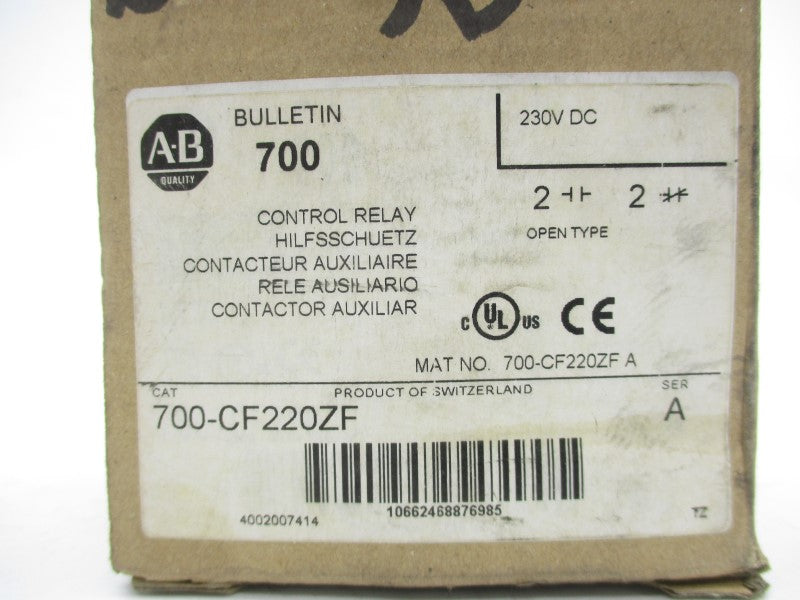 ALLEN BRADLEY 700-CF220ZF SER. A 230VDC (BR/WH) NSMP