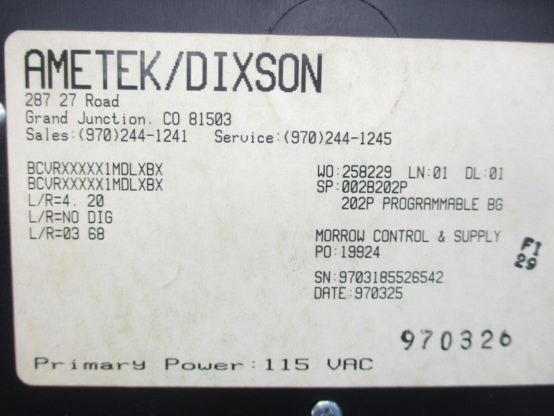 AMETEK DIXON 002B202P 115VAC NSNP