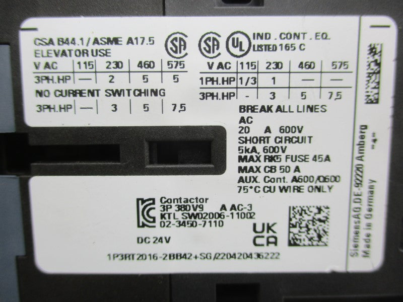 SIMENES 3RT2016-2BB42 W/ 3RH2911-1HA11 24VDC NSNP
