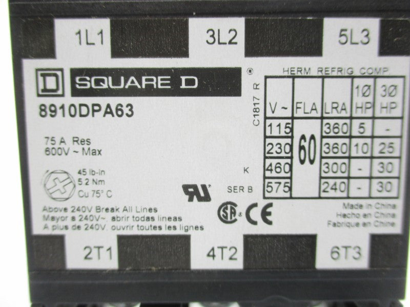 SQUARE D 8910DPA63V06 SER. B 400/480V 75A NSMP