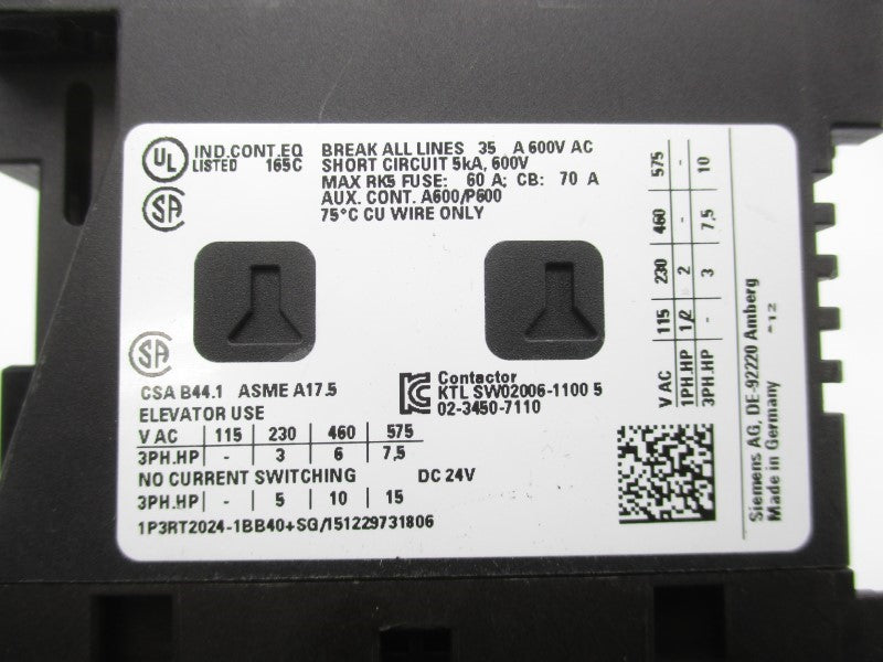 SIEMENS 3RT2024-1BB40 600VAC 35A NSNP