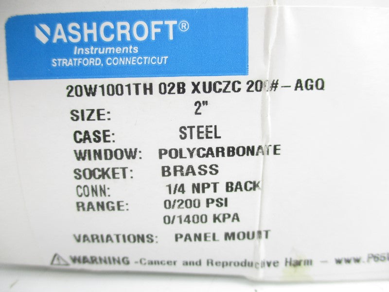 ASHCROFT 20W1001TH02BXUCZC200# 0/200PSI 2" NSMP